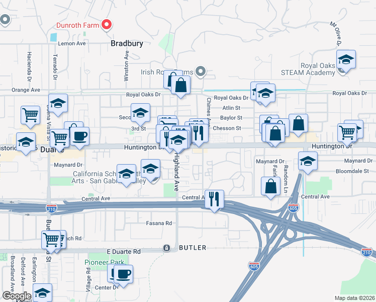 map of restaurants, bars, coffee shops, grocery stores, and more near 1801 East Huntington Drive in Duarte