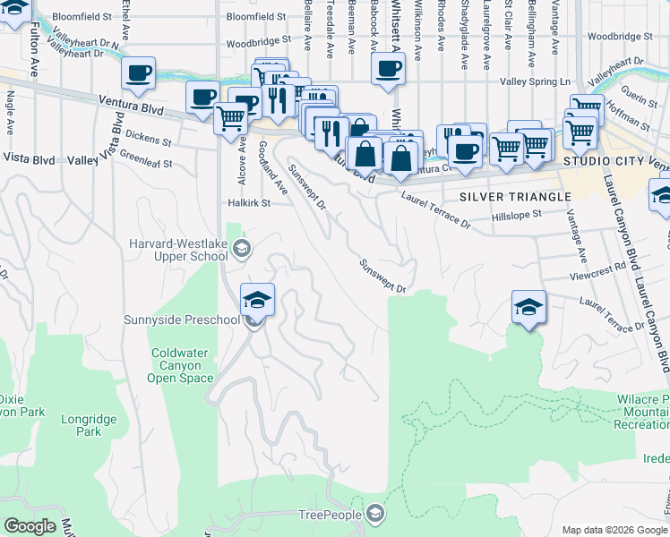 map of restaurants, bars, coffee shops, grocery stores, and more near 3756 Goodland Avenue in Los Angeles
