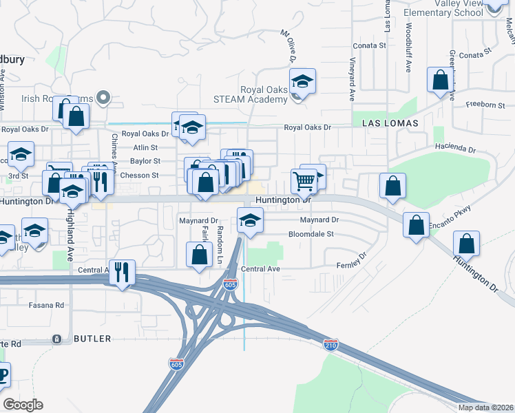 map of restaurants, bars, coffee shops, grocery stores, and more near in Duarte