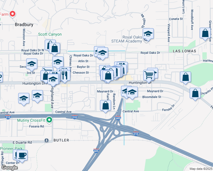 map of restaurants, bars, coffee shops, grocery stores, and more near 2150 Huntington Drive in Duarte