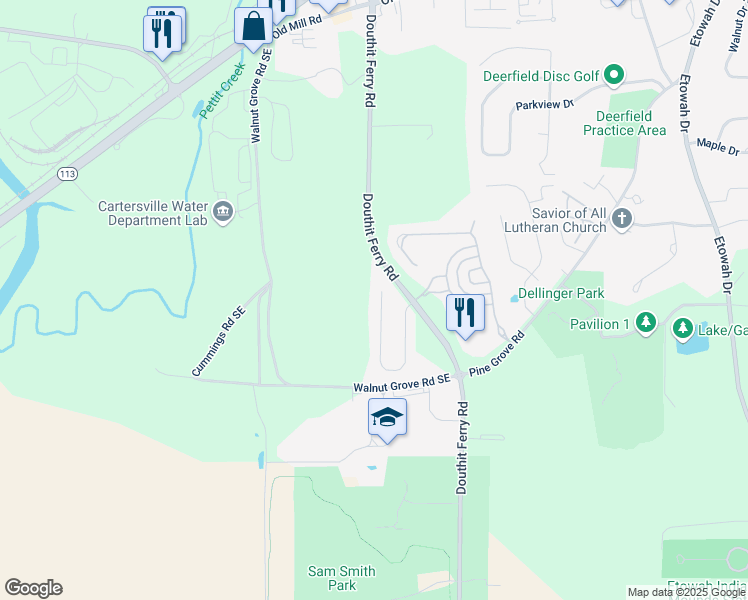 map of restaurants, bars, coffee shops, grocery stores, and more near 46 Carrington Drive in Cartersville