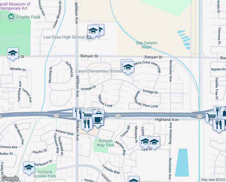 map of restaurants, bars, coffee shops, grocery stores, and more near 11537 Mount Hood Court in Rancho Cucamonga