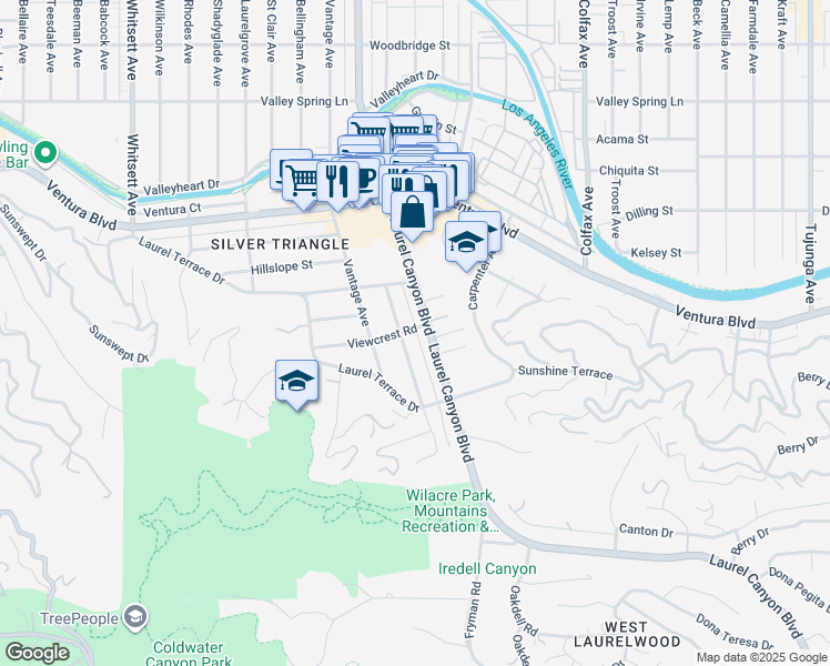 map of restaurants, bars, coffee shops, grocery stores, and more near 12030 Viewcrest Road in Los Angeles