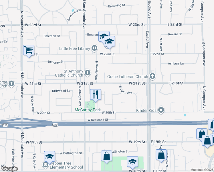 map of restaurants, bars, coffee shops, grocery stores, and more near 512 West 21st Street in Upland