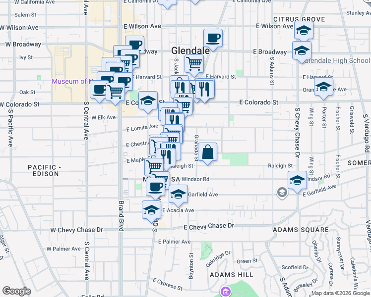 map of restaurants, bars, coffee shops, grocery stores, and more near 537 East Maple Street in Glendale