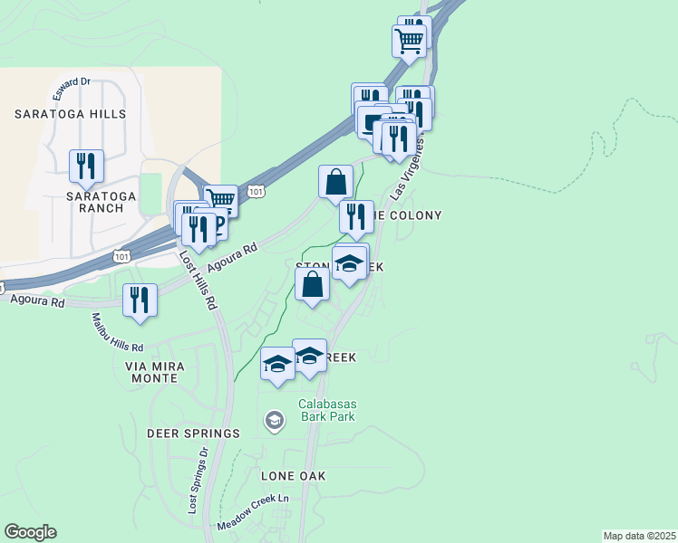 map of restaurants, bars, coffee shops, grocery stores, and more near 4355 Oak Glen Street in Calabasas