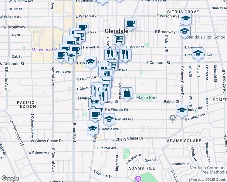 map of restaurants, bars, coffee shops, grocery stores, and more near 511 East Chestnut Street in Glendale