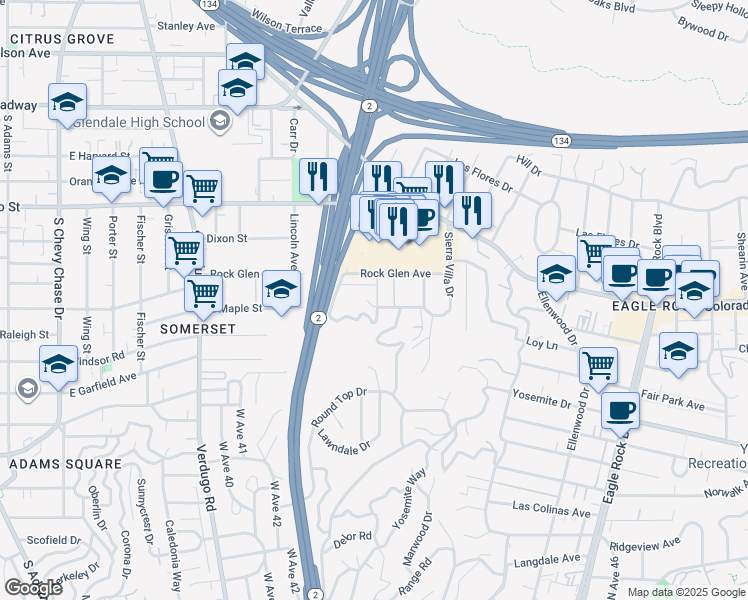 map of restaurants, bars, coffee shops, grocery stores, and more near 5011 El Verano Avenue in Los Angeles