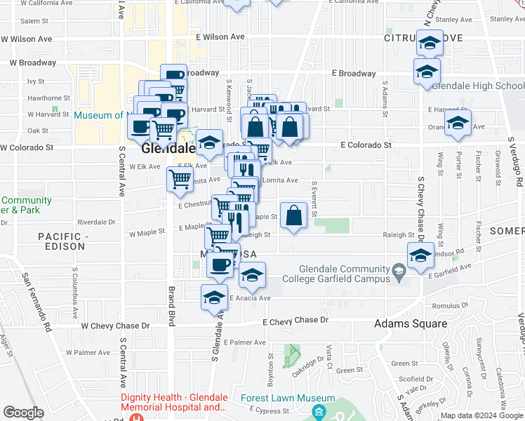 map of restaurants, bars, coffee shops, grocery stores, and more near 521 East Maple Street in Glendale