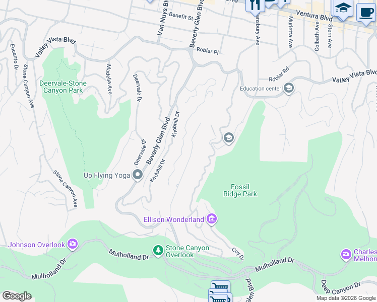 map of restaurants, bars, coffee shops, grocery stores, and more near 3814 Oakfield Drive in Los Angeles