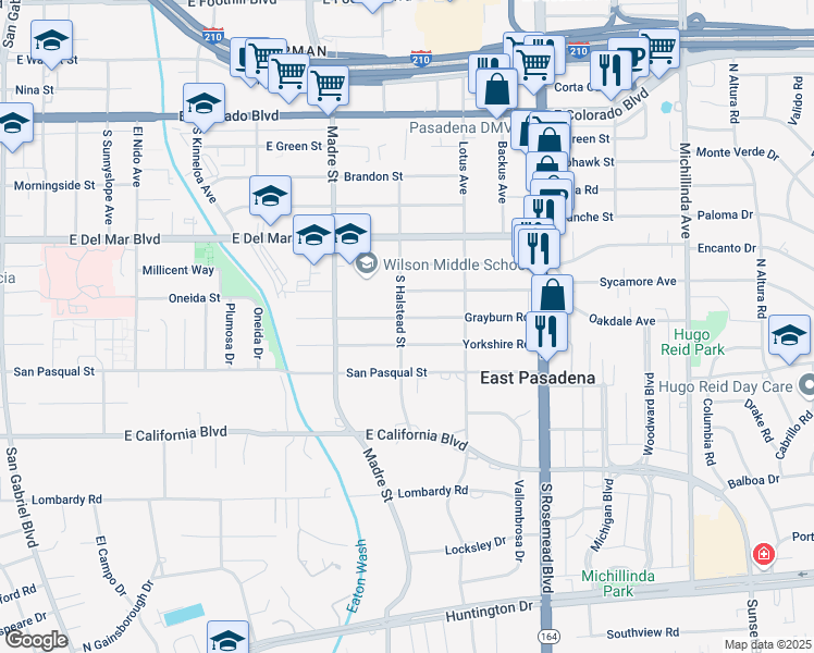 map of restaurants, bars, coffee shops, grocery stores, and more near 3500 Grayburn Road in Pasadena