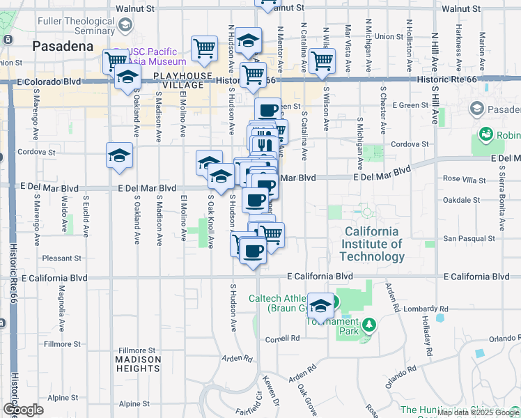 map of restaurants, bars, coffee shops, grocery stores, and more near 210 South Lake Avenue in Pasadena