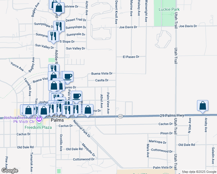 map of restaurants, bars, coffee shops, grocery stores, and more near 7675 Gorgonio Drive in Twentynine Palms