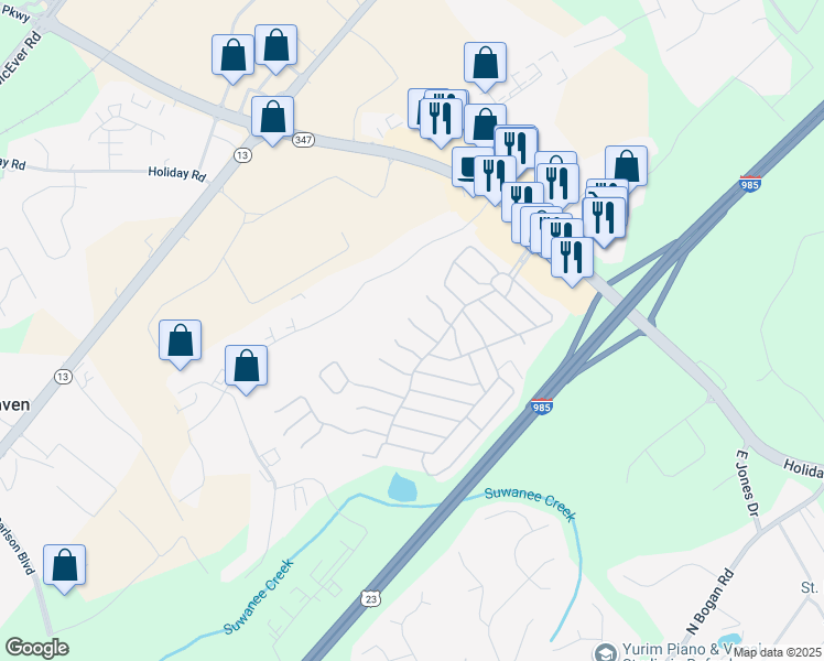 map of restaurants, bars, coffee shops, grocery stores, and more near 5212 Pecan Lane in Buford