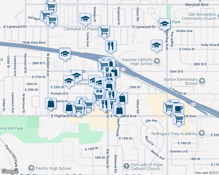 map of restaurants, bars, coffee shops, grocery stores, and more near 2601 Del Rosa Avenue North in San Bernardino