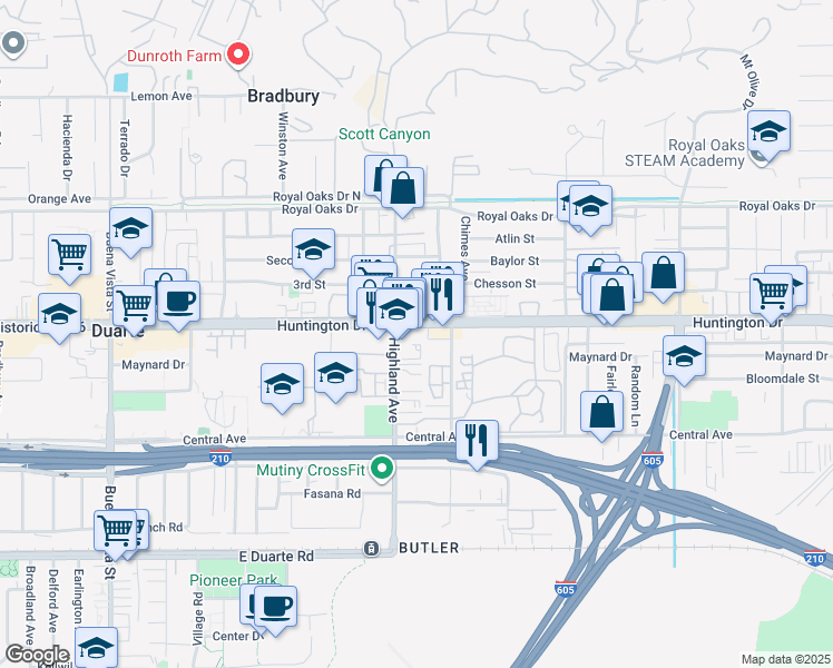 map of restaurants, bars, coffee shops, grocery stores, and more near 1832 Huntington Drive in Duarte