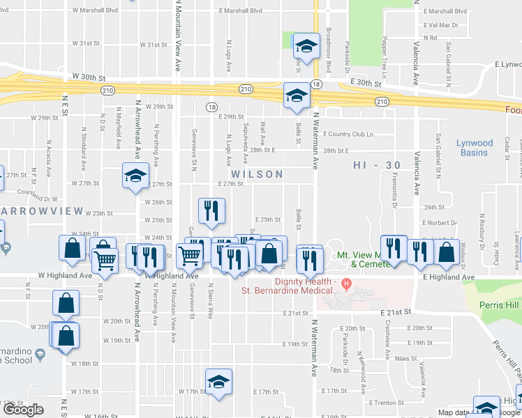 map of restaurants, bars, coffee shops, grocery stores, and more near 2549 Sepulveda Avenue in San Bernardino
