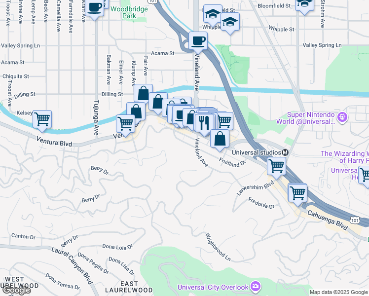 map of restaurants, bars, coffee shops, grocery stores, and more near 11022 Fruitland Drive in Los Angeles