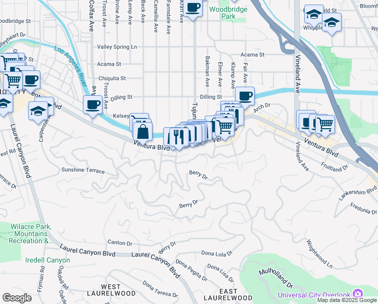 map of restaurants, bars, coffee shops, grocery stores, and more near 11441 Ventura Boulevard in Los Angeles