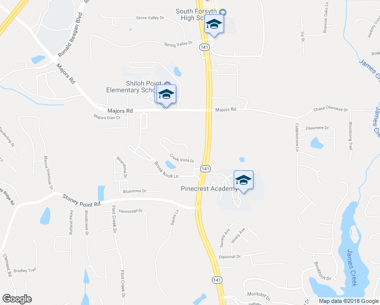 map of restaurants, bars, coffee shops, grocery stores, and more near 1415 Creek Vista Drive in Cumming