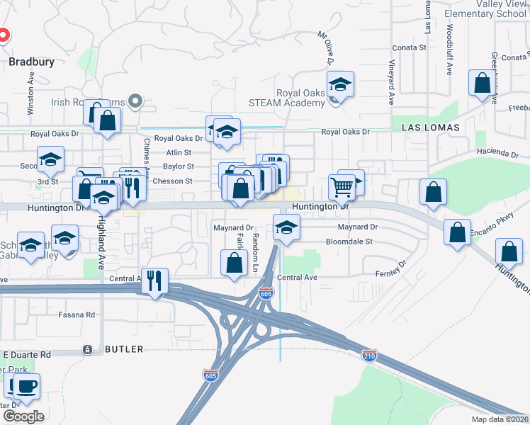 map of restaurants, bars, coffee shops, grocery stores, and more near 2222 Huntington Drive in Duarte