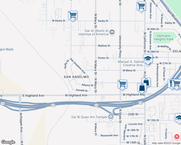 map of restaurants, bars, coffee shops, grocery stores, and more near 2410 North Macy Street in Muscoy