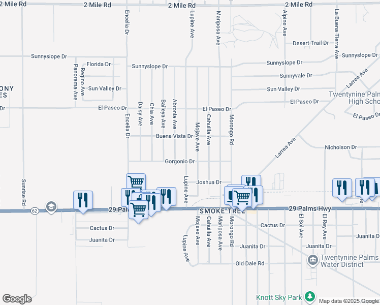 map of restaurants, bars, coffee shops, grocery stores, and more near 6263 Lupine Avenue in Twentynine Palms