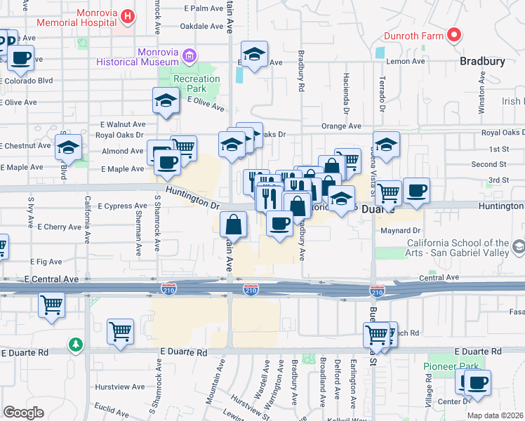 map of restaurants, bars, coffee shops, grocery stores, and more near 1200 Oliva Court in Duarte