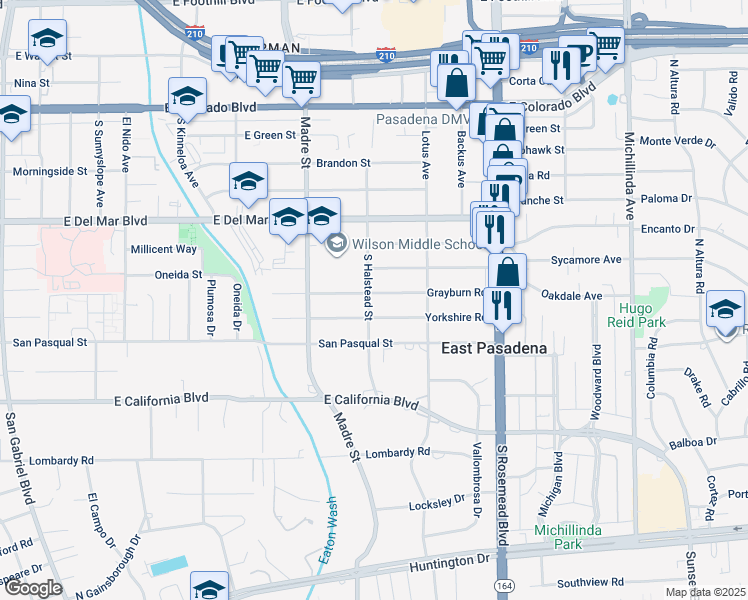 map of restaurants, bars, coffee shops, grocery stores, and more near 3500 Grayburn Road in Pasadena