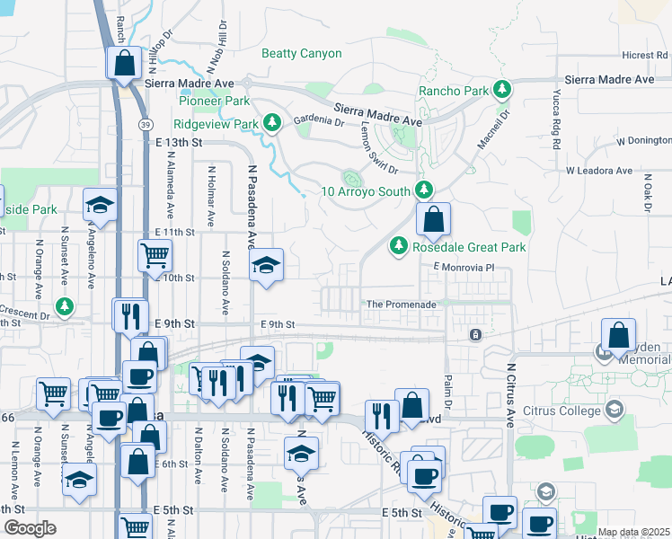 map of restaurants, bars, coffee shops, grocery stores, and more near 951 North Cornejo Way in Azusa