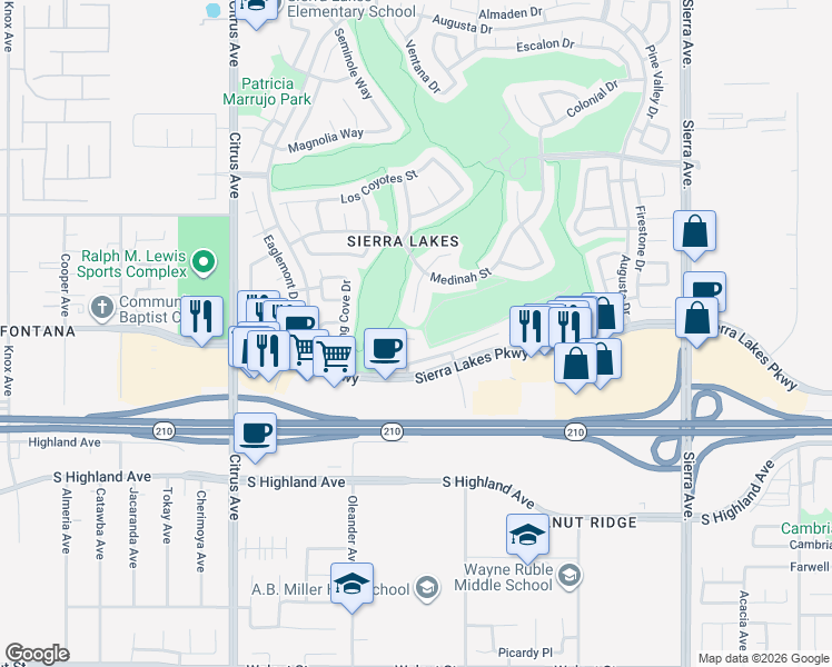 map of restaurants, bars, coffee shops, grocery stores, and more near 16422 Empire Lakes Court in Fontana