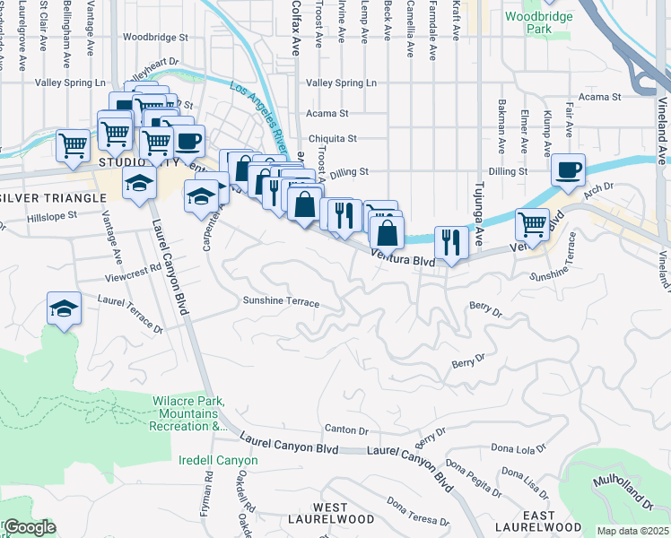 map of restaurants, bars, coffee shops, grocery stores, and more near 11652 Picturesque Drive in Los Angeles