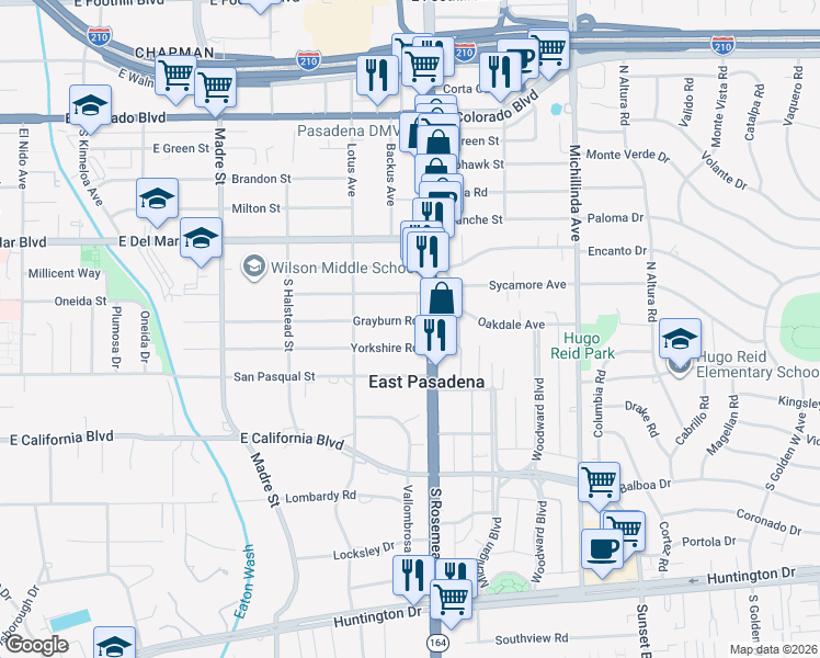 map of restaurants, bars, coffee shops, grocery stores, and more near 3672 Grayburn Road in Pasadena