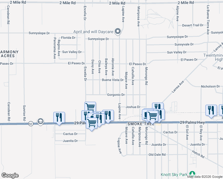 map of restaurants, bars, coffee shops, grocery stores, and more near 6264 Abronia Avenue in Twentynine Palms