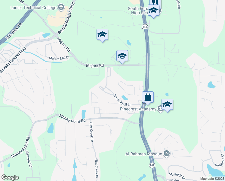 map of restaurants, bars, coffee shops, grocery stores, and more near 1540 Brook Knoll Lane in Cumming