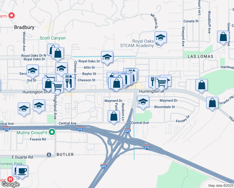 map of restaurants, bars, coffee shops, grocery stores, and more near 2151 East Huntington Drive in Duarte