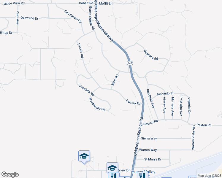 map of restaurants, bars, coffee shops, grocery stores, and more near Farrelo Road in Yucca Valley