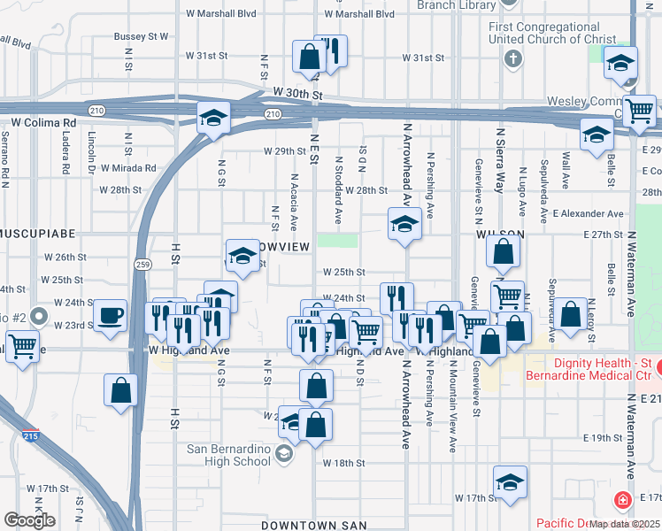 map of restaurants, bars, coffee shops, grocery stores, and more near 470 West 25th Street in San Bernardino