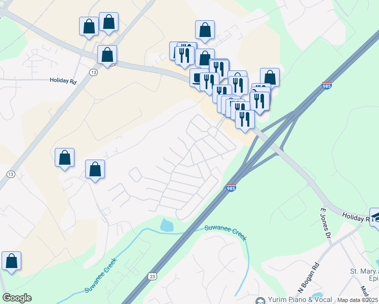 map of restaurants, bars, coffee shops, grocery stores, and more near 5057 Cherrywood Circle in Buford