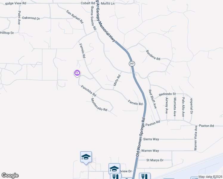 map of restaurants, bars, coffee shops, grocery stores, and more near Farrelo Road in Yucca Valley