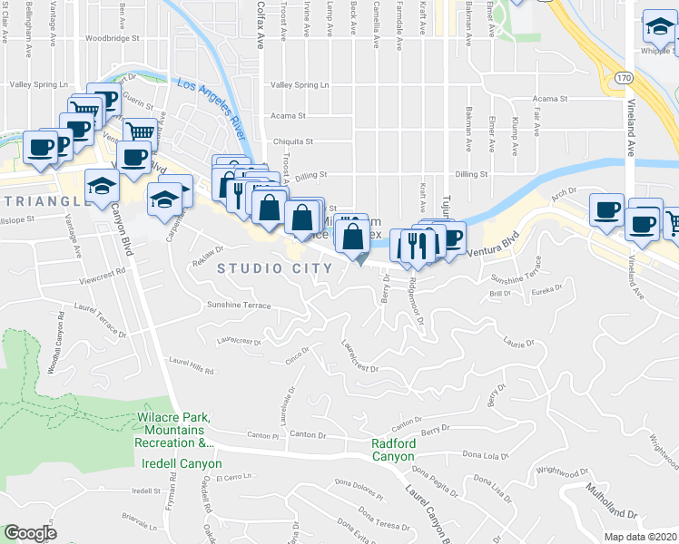 map of restaurants, bars, coffee shops, grocery stores, and more near 3925 Big Oak Drive in Los Angeles