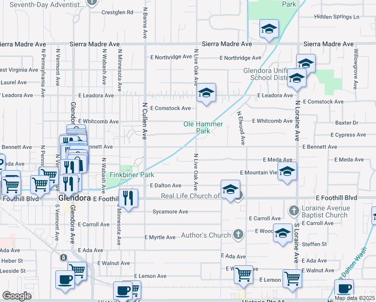 map of restaurants, bars, coffee shops, grocery stores, and more near 315 North Live Oak Avenue in Glendora