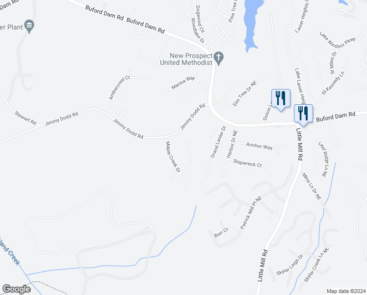 map of restaurants, bars, coffee shops, grocery stores, and more near 3900 Maple Wood Trail in Buford