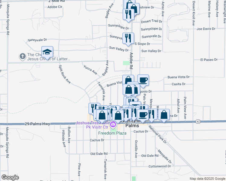 map of restaurants, bars, coffee shops, grocery stores, and more near 6252 Smoketree Avenue in Twentynine Palms