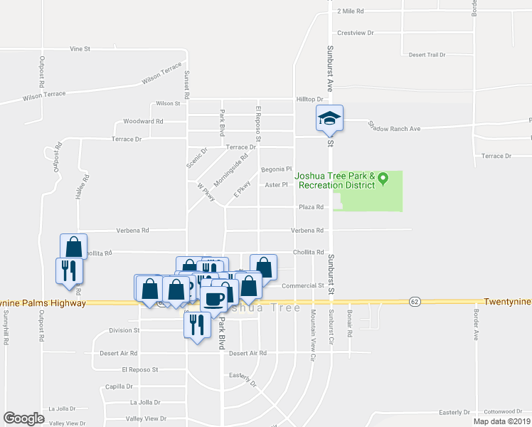 map of restaurants, bars, coffee shops, grocery stores, and more near 6252 El Reposo Street in Joshua Tree