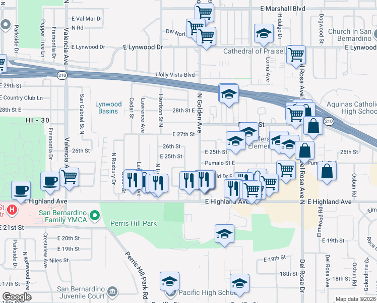 map of restaurants, bars, coffee shops, grocery stores, and more near 1172 26th Street in San Bernardino