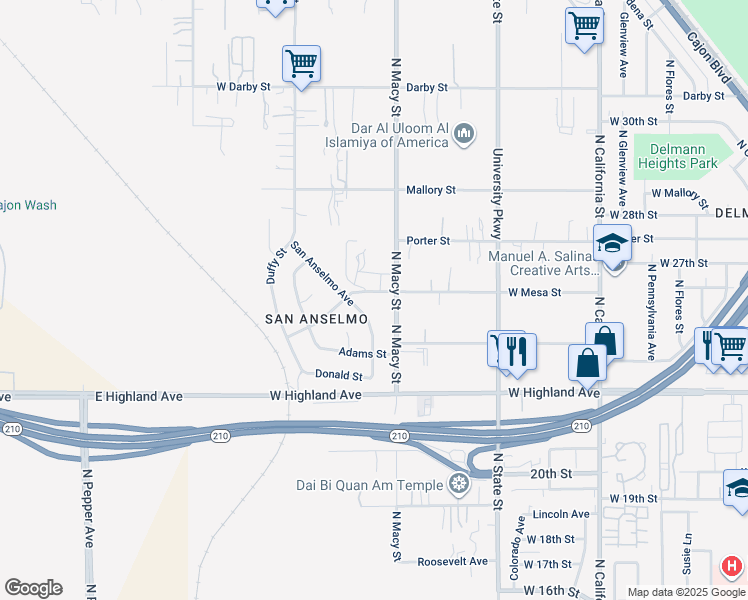 map of restaurants, bars, coffee shops, grocery stores, and more near 2410 North Macy Street in Muscoy