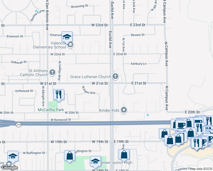 map of restaurants, bars, coffee shops, grocery stores, and more near 2110 North Laurel Avenue in Upland