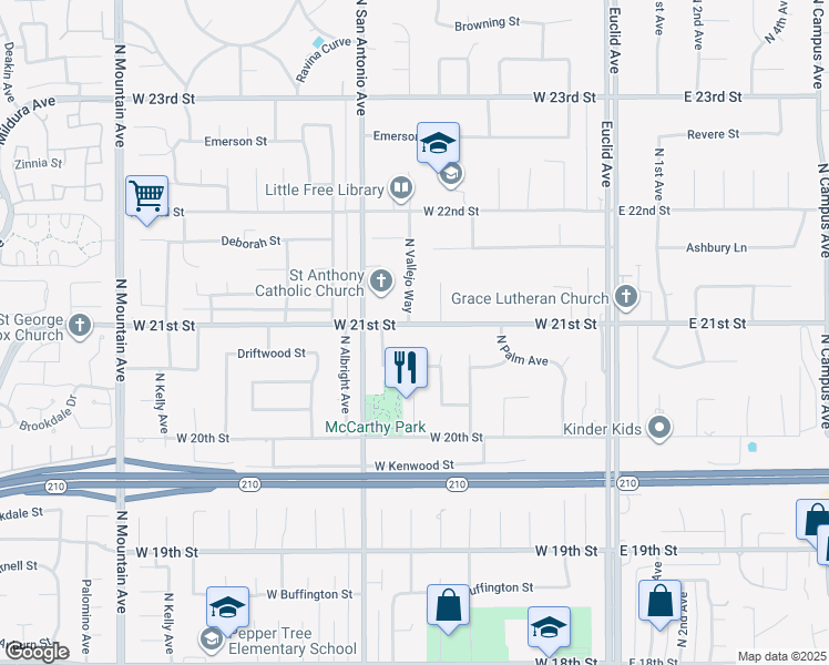 map of restaurants, bars, coffee shops, grocery stores, and more near 2105 North Tulare Court in Upland