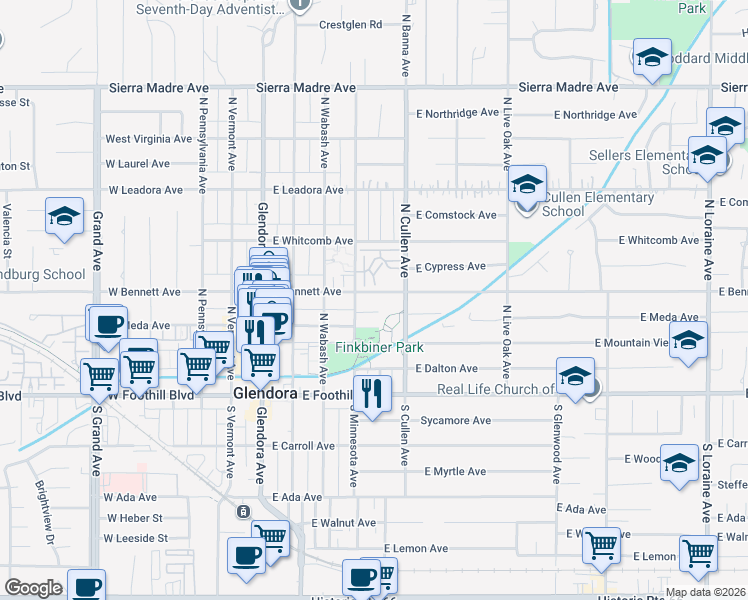 map of restaurants, bars, coffee shops, grocery stores, and more near 416 East Bougainvillea Lane in Glendora